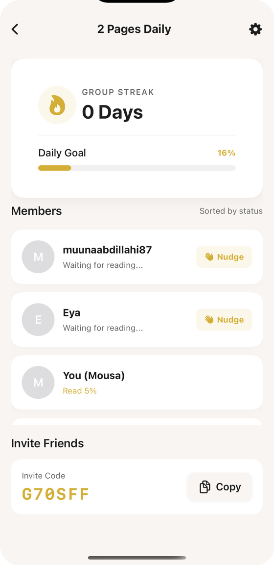 Circle detail showing group streak, member progress and nudge buttons