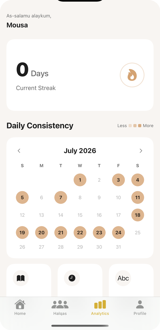 Analytics screen with current streak and a daily consistency calendar